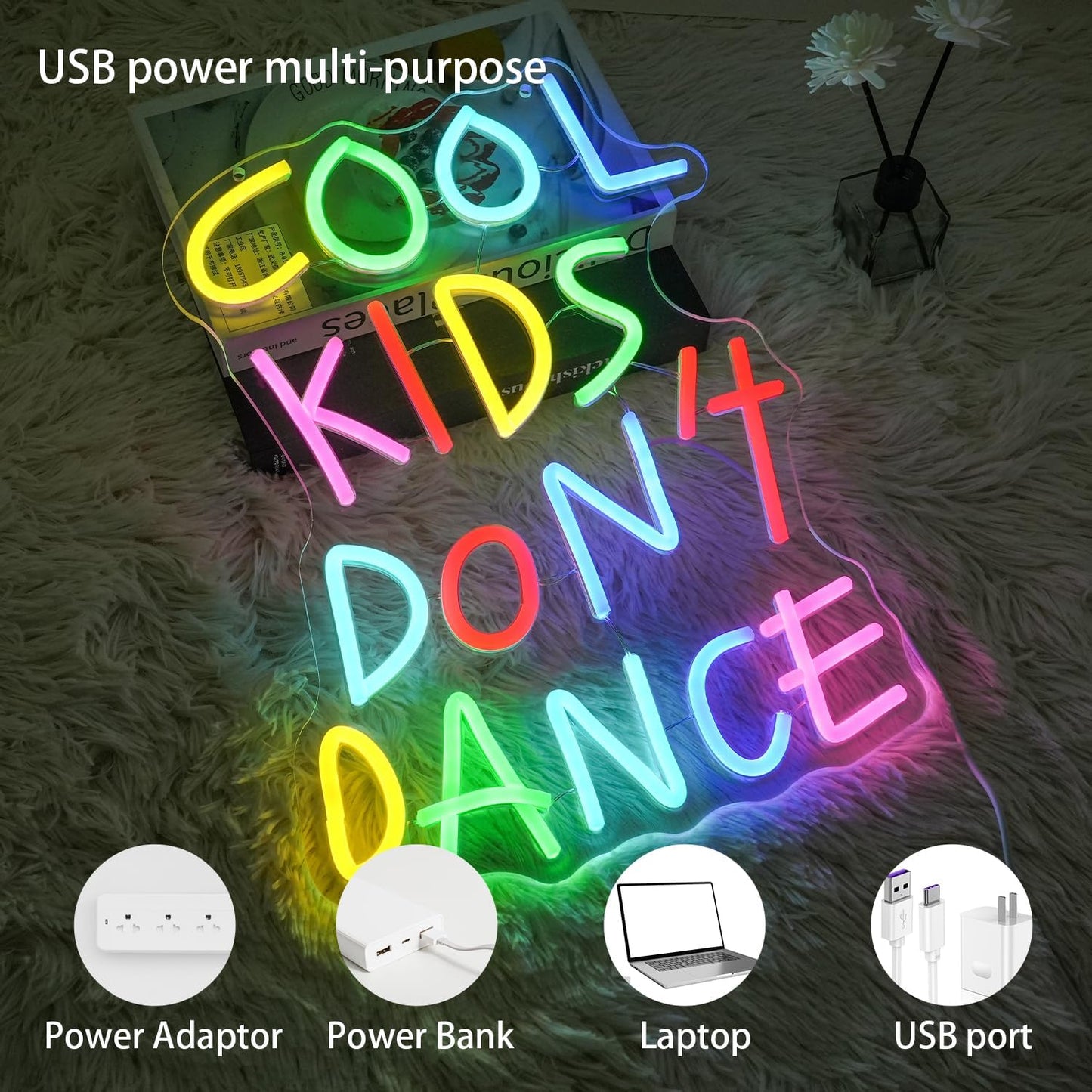 Cool Kids Don't Dance Neon Sign for Wall Decor, Cool Kids Letter Neon Light Wall Art, Dimmable Colorful Classroom LED Light Up Sign for Bedroom, Library, Classroom, Bookstore