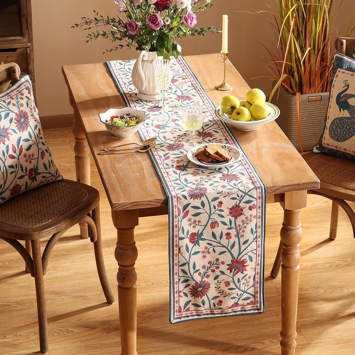 Farmhouse Berry Red Floral Table Runner for Coffee Table,Decorative Linen 87 Inches Long Table Runners,Decor Tabletop for Kitchen,Dining,Party,Home,Christmas,12"*87"