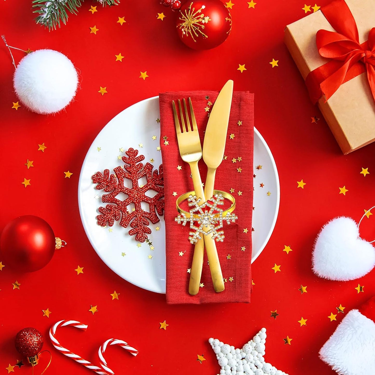 Patelai 100 Pieces Snowflake Napkin Rings Thanksgiving Christmas Napkin Holders Exquisite Household Rhinestone Napkin Rings Set for Christmas Wedding Dinner Party Table Decoration (Gold)