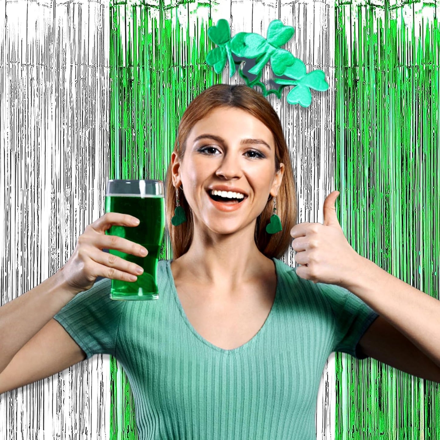 3 Pack Silver Green Foil Fringe Curtain Backdrop, 3.28Ft x 8.2Ft Metallic Tinsel Foil Fringe Streamer Curtains for Photo Booth, Mother's Day, Easter, Birthday, Wedding Party Decorations