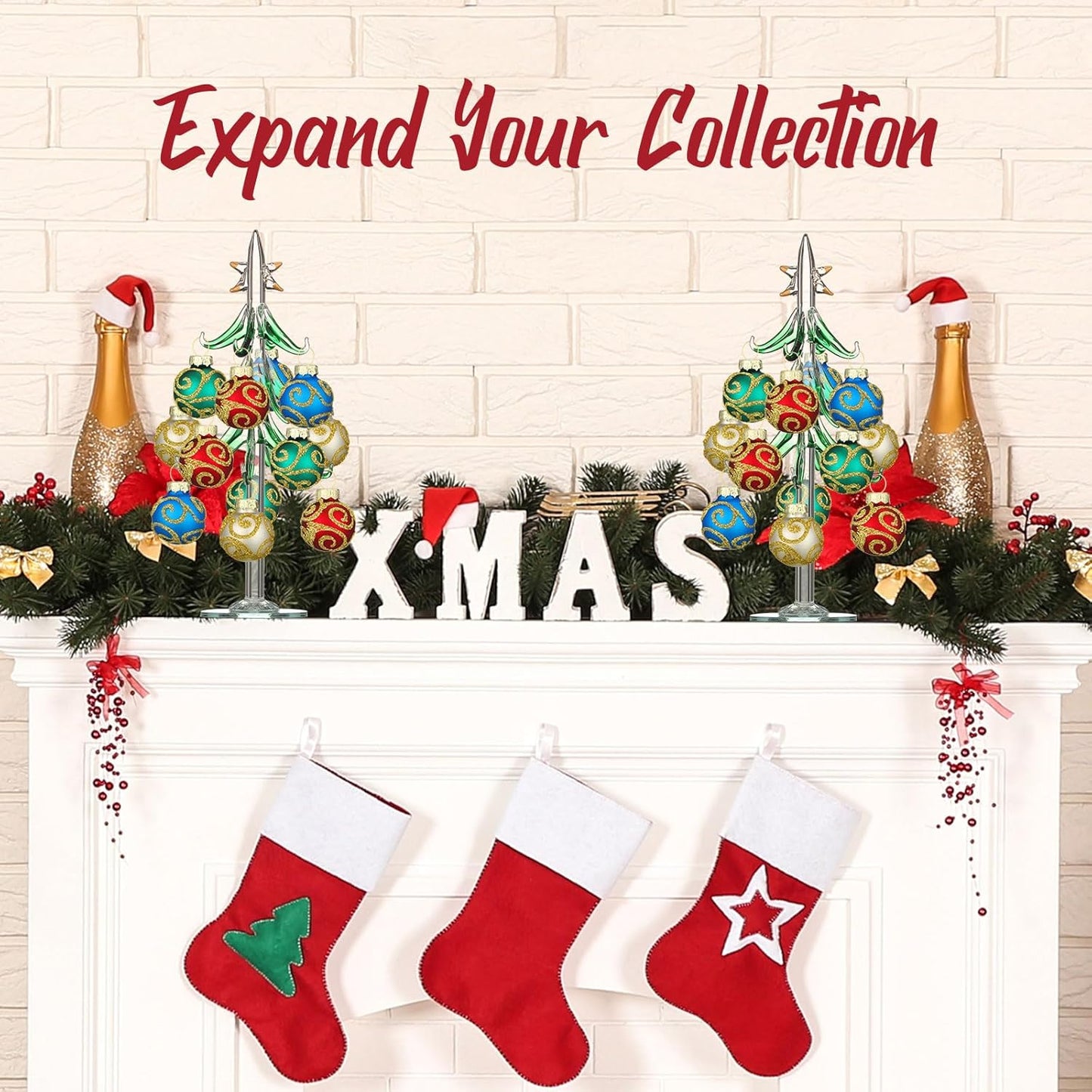 Glass Christmas Tree with 12 Ornament Glitter Balls Tabletop Wine Glass Charms Miniature Christmas Tree Gift for Xmas Holiday Party Novelty Season Home Decor, 7.7 Inch