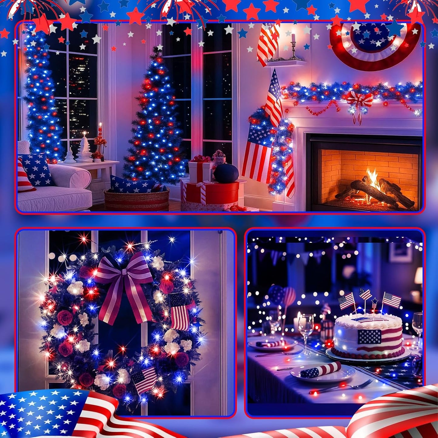 4th of July Decorations - 12 Pack Red White Blue Fairy Lights Battery Operated, 7ft 20 Led Twinkle Lights 3 Modes, Waterproof Bulk Mini String Light for Independence Day Patriotism Decorations