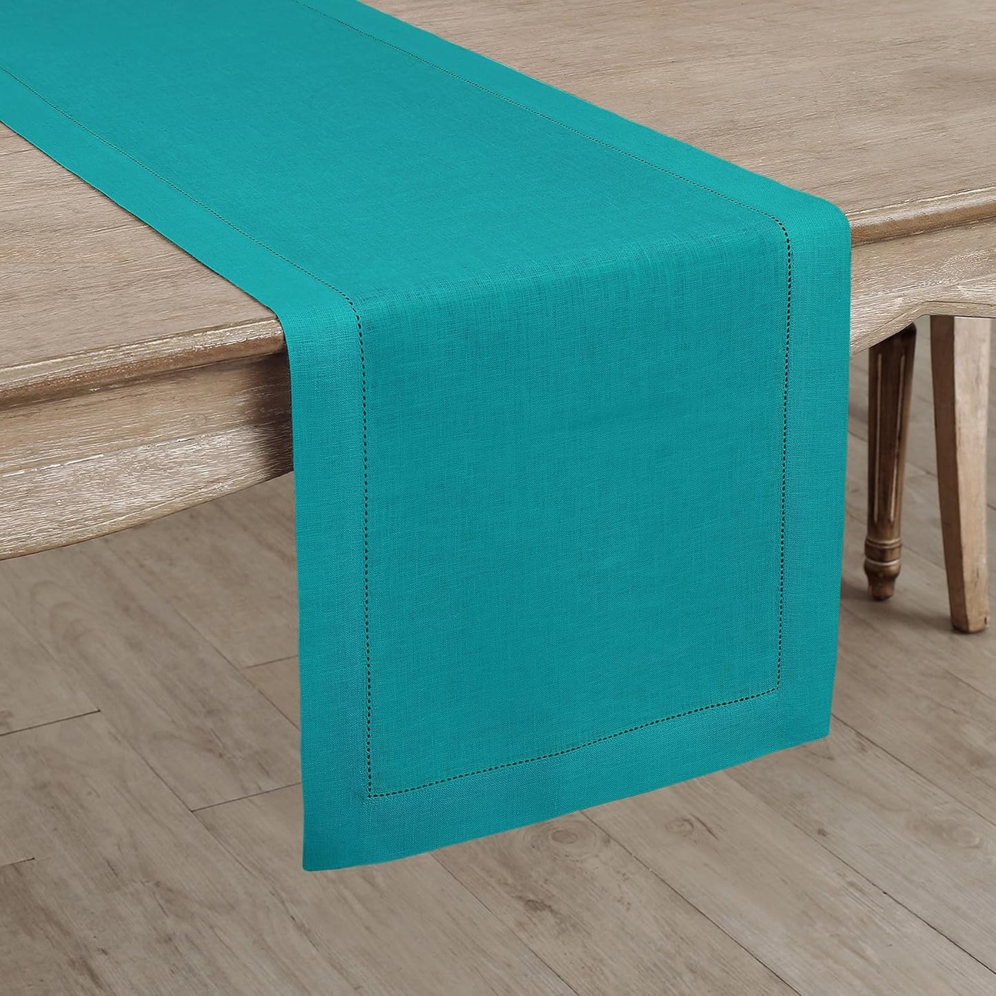 Solino Home Linen Hemstitch Table Runner 48 Inches - 100% Pure Linen Teal Table Runner 14 x 48 Inch Ideal for Dresser and Coffee Tables - Fall, Autumn, Thanksgiving, Christmas - Classic Hemstitch