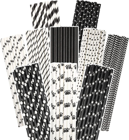 qiqee Black Paper Straws 150pcs Disposable Straws Bulk (10 Black Patterns, Biodegradable, Disposable, 7.75 x 0.25 inches)