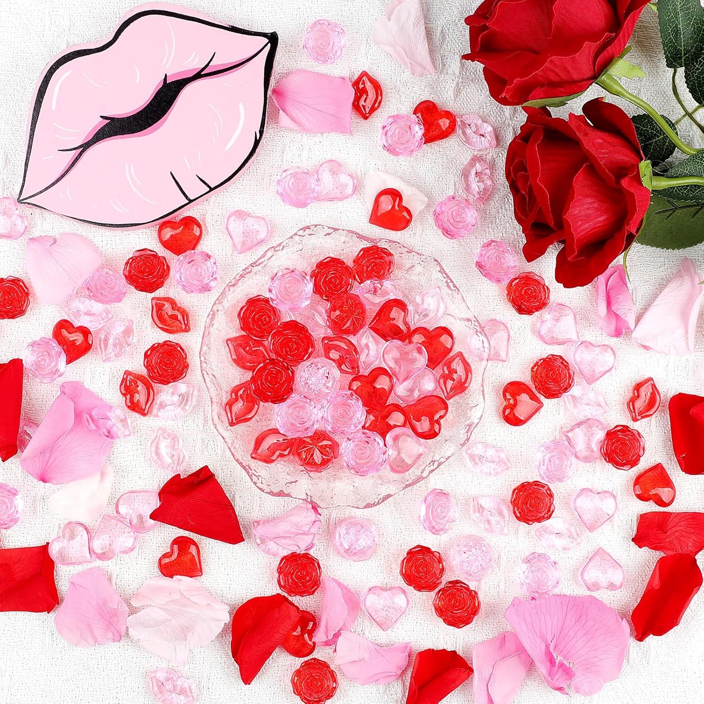 Fangoo 180PCS Red Pink Acrylic Heart Ornaments Mini Acrylic Heart Rose Flower Lips Gems for Valentine Vase Filler Decor for Table Scatter Engagement Valentine's Day Wedding Anniversary Party