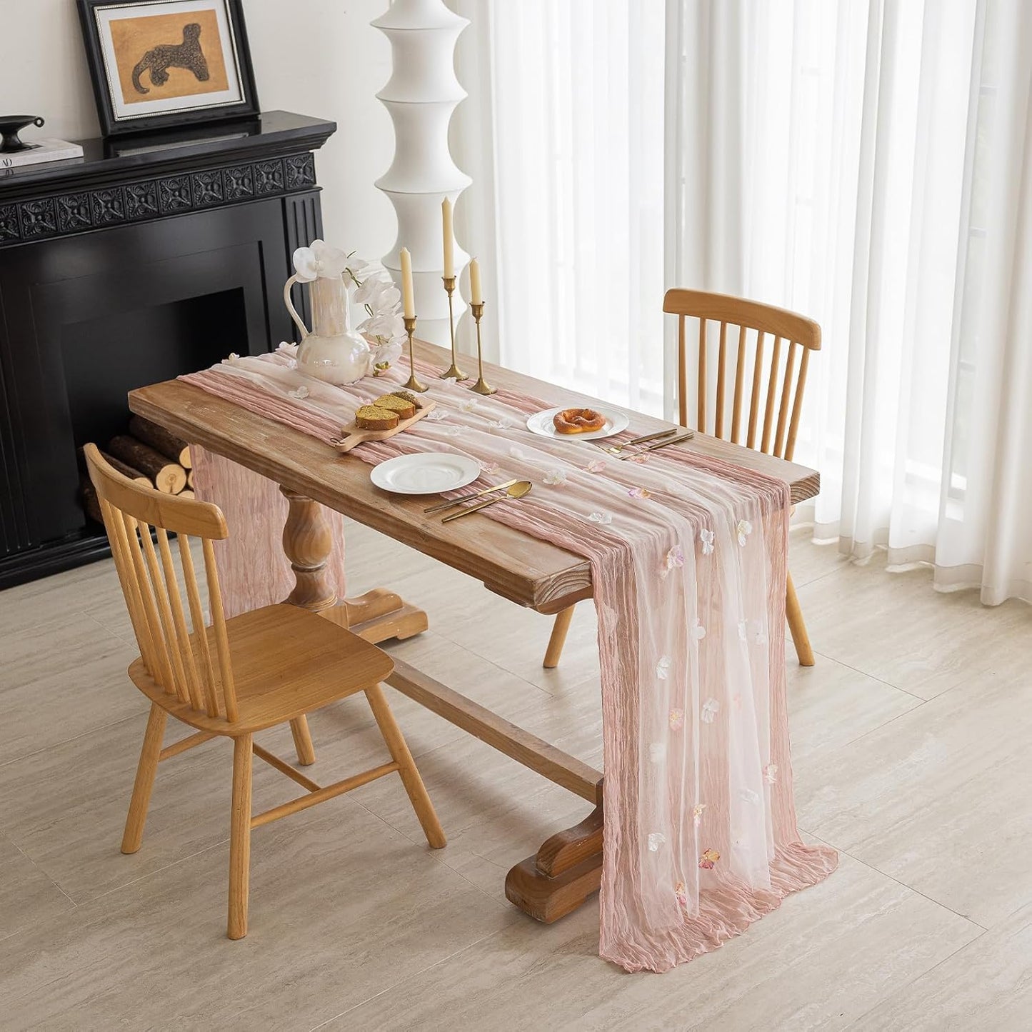 Romantic Artificial Floral Table Runner 10ft Gauze Tulle Lace Table Runner Set for Wedding Baby Shower Bridal Shower Holiday Kitchen Dining Table Decoration for Home Party Special Occasion