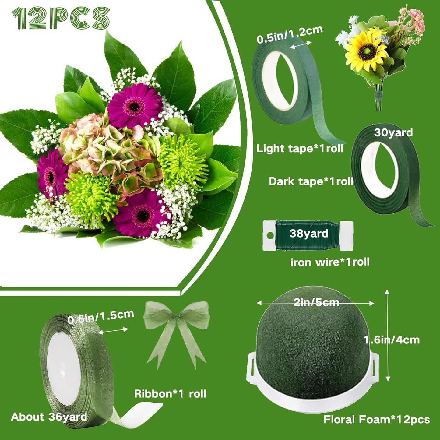 12PCS Foam for Flower Arrangements Styrofoam for Artificial Flowers Dry Blocks Foam Circles with Green Floral Tape for Fresh Flowers Wire