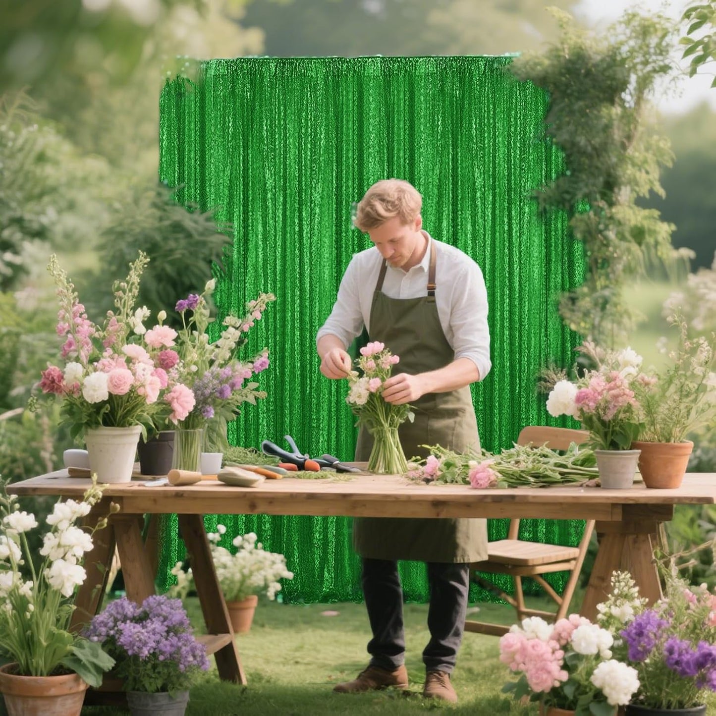 Green Sequin Backdrop Curtain 4 Pieces 2FTx8FT Glitter Photography Backdrop for Party Wedding Birthday Christmas Decorations