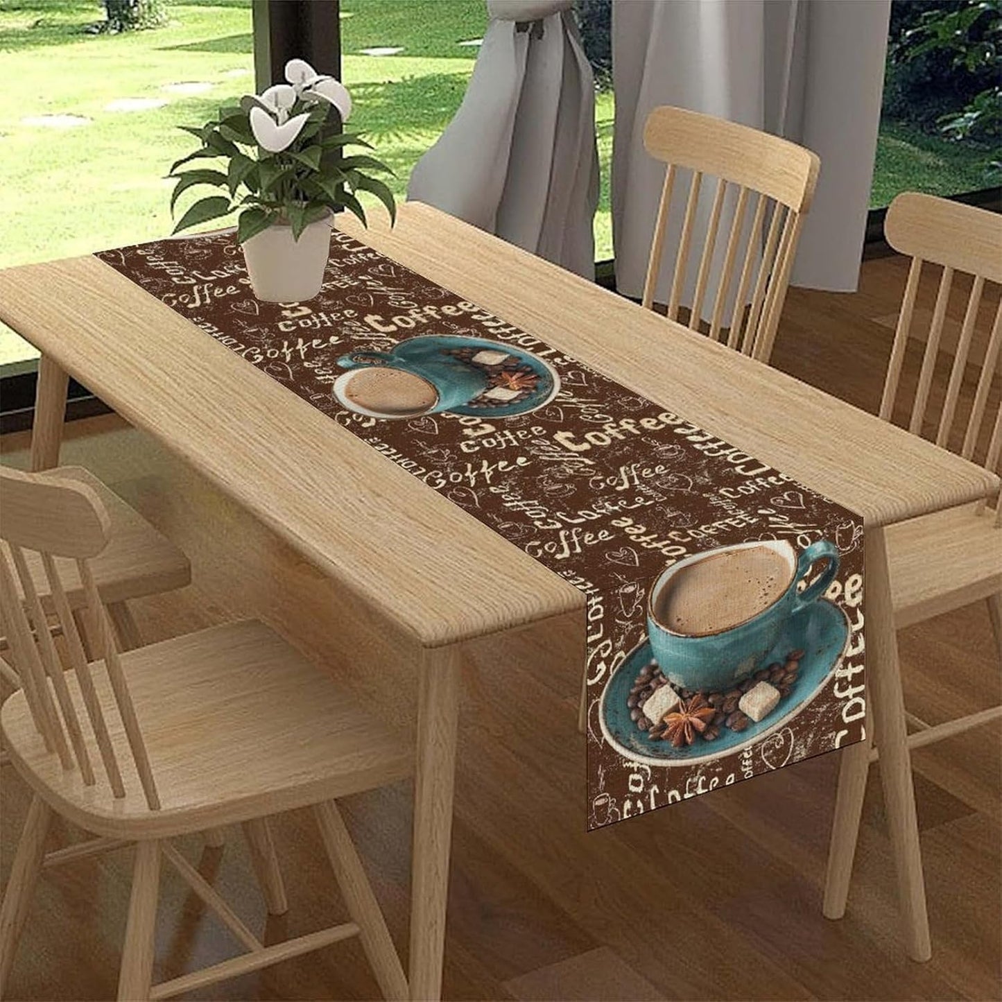 Coffee Theme Table Runner, Farmhouse Retro Brown Coffee Cup Tea Party Rustic Cafe Table Center Decor for Home Kitchen Dining Patio Holiday Party Indoor Outdoor Table Decorations,13"x90" Inch