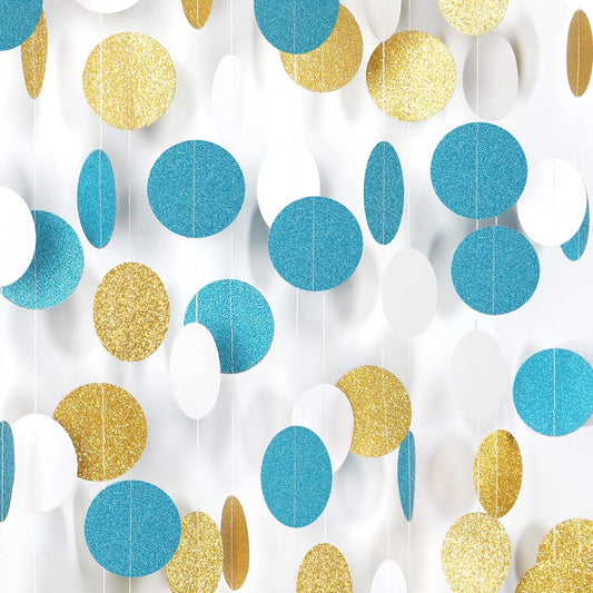 Teal-Turquoise White-Gold Party-Decorations Garland Streamers - 52Ft Woman Girl Birthday Paper Banner,Graduation Wedding Bachelorette Engagement Bridal Baby Shower Backdrop Decor Panduola