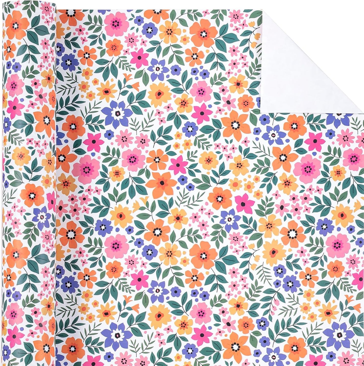 WRAPAHOLIC Kraft Floral Wrapping Paper Roll - Mini Roll - 17 Inch x 16.5 Feet - Ditsy Flower Wrapping Paper, Perfect for Wedding, Birthday, Bridal Shower, Tea Party