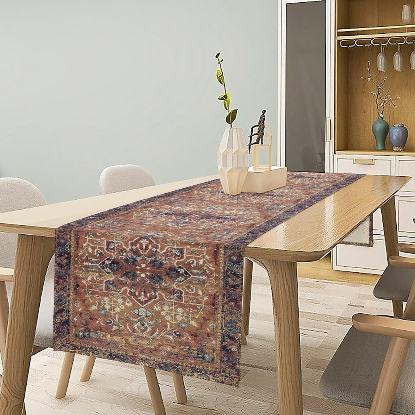 Boho Floral Vintage Table Runner, Purple Brown Retro Flower Rustic Country Farmhouse Abstract Pattern for Home Kitchen Table Decor Dining Coffee Room Party Decor 13x36in