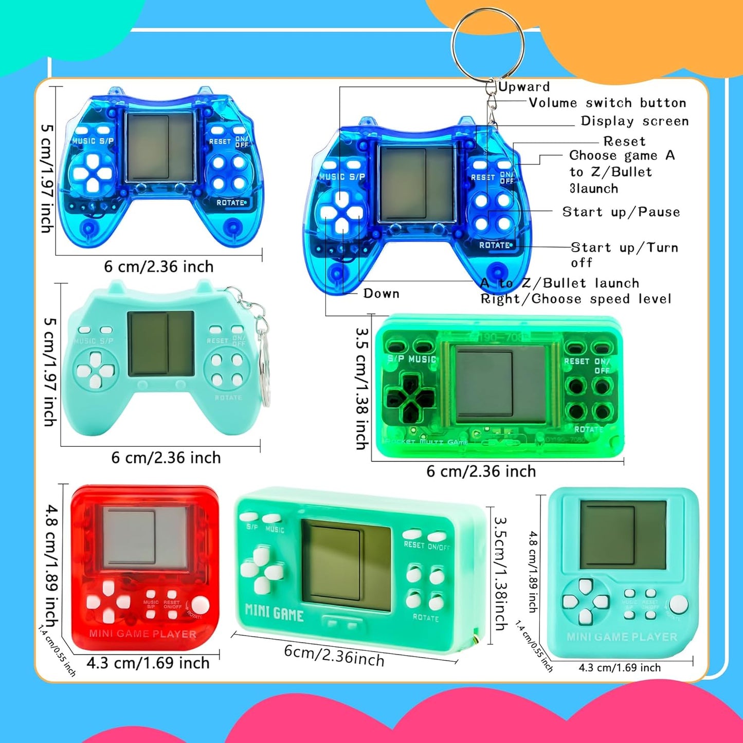 36 Pack Video Game Keychain Mini Square Handheld Video Game Key Chain for Kids Birthday Video Game Party Favors