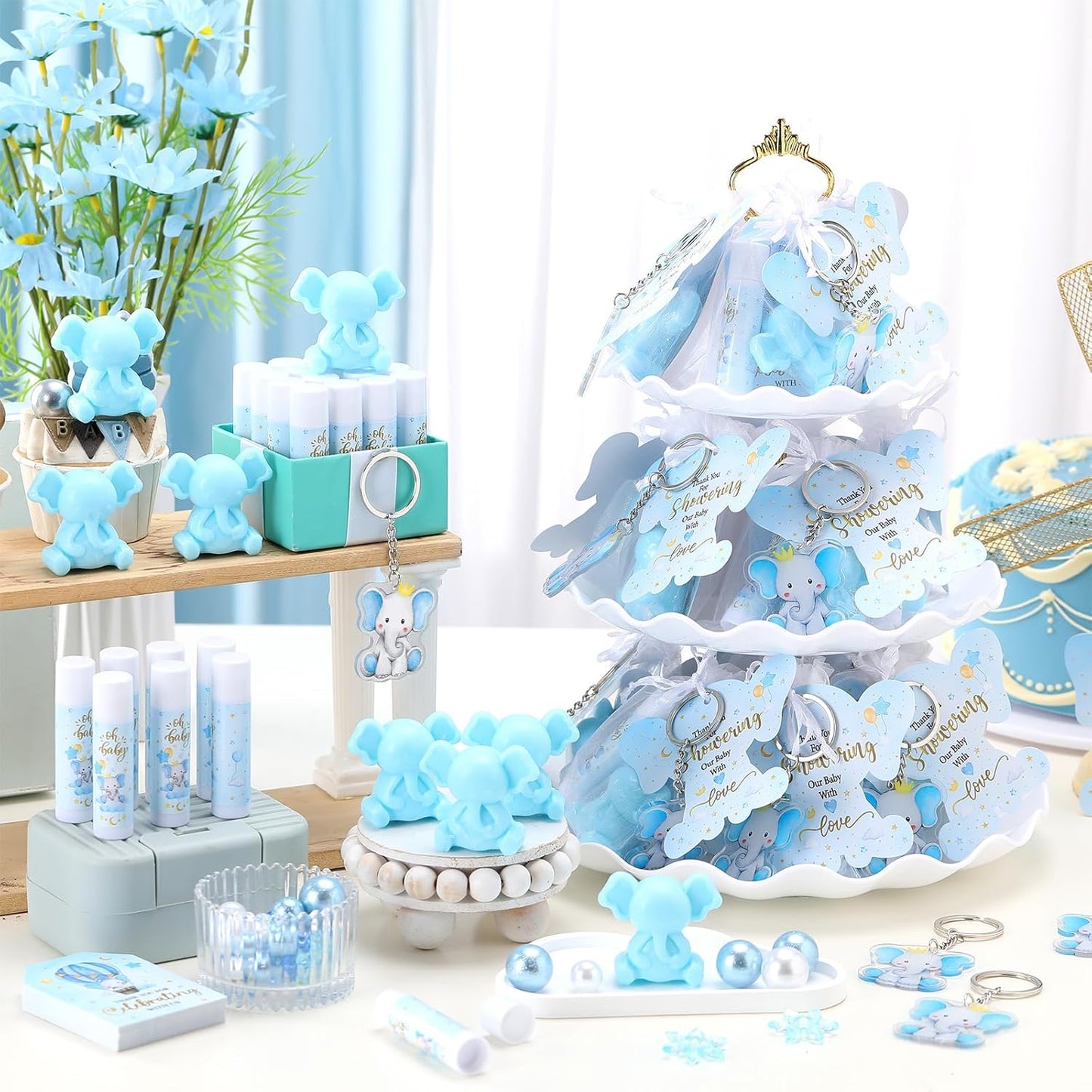 288 Baby Shower Favors Baby Shower Gifts Bulk Lip Balms Soaps Keychains Organza Bags Guest Appreciation Gift with Thank You Tags and Cards for Boys Girls Guest Gift(Blue,Elephant)