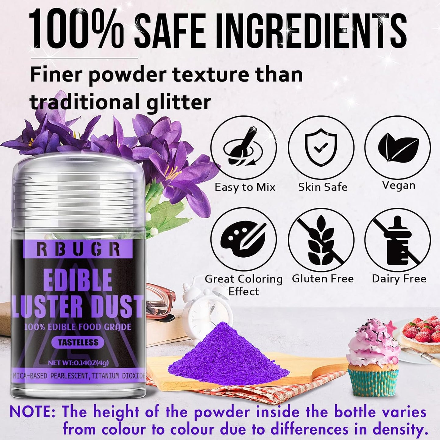 RBUGR Luster Dust Edible, 12 Colors Edible Glitter Pack, Cocktail Food Glitter Edible Dust, Vegan Edible Shimmer, Drink Powder for Cakes Cookies Chocolates Baking（4g/0.14oz）