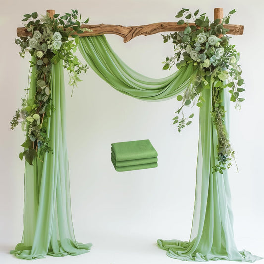 Wedding Arch Draping Fabric 3 Panels 28.7" x 20FT Sage Green Sheer Chiffon Backdrop Drapes for Wedding Ceremony Birthday Party Bridal Shower Outdoor Decoration