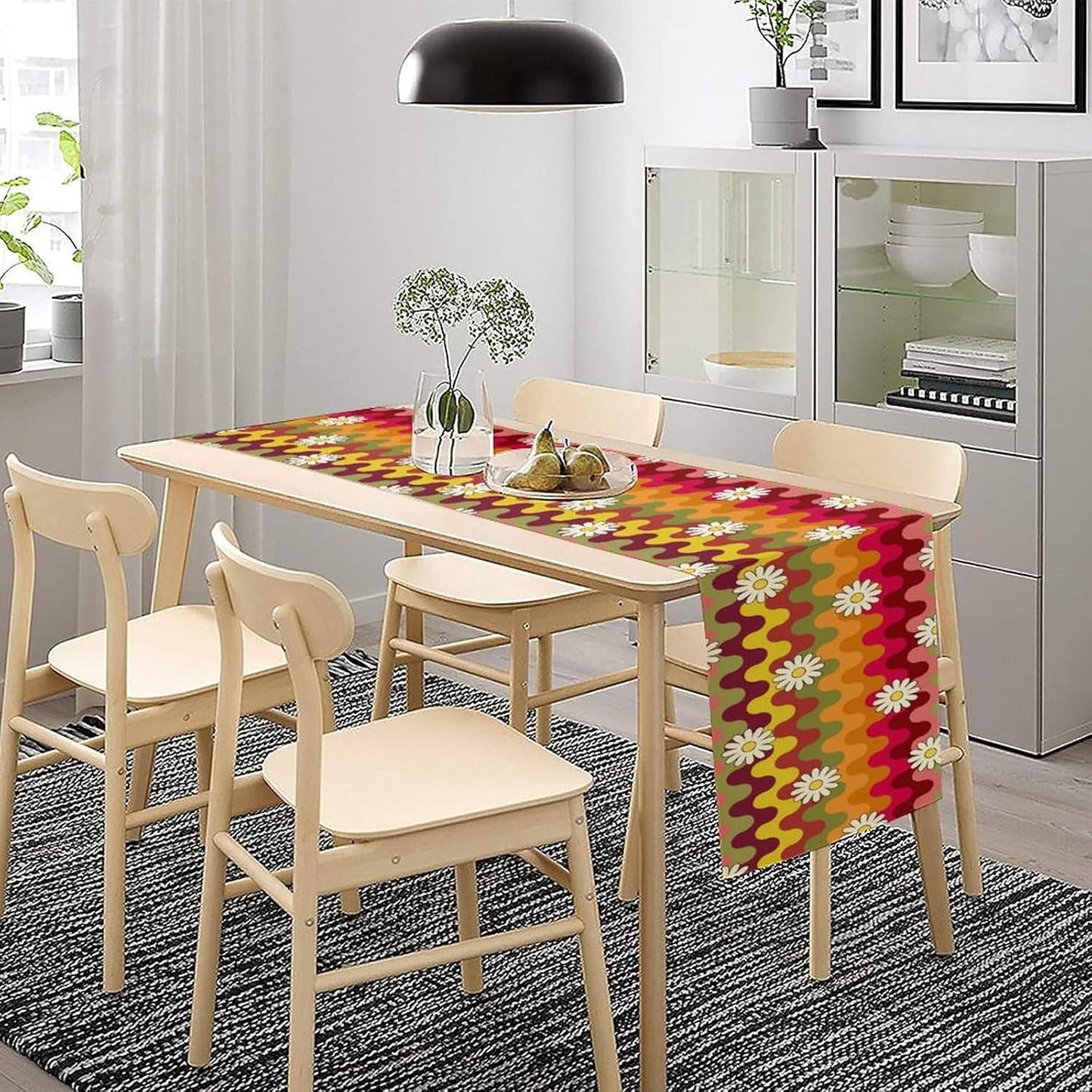 Vintage Floral Table Runner,60s 70s Colorful Retro Abstract Hippie Print Table Runner for Kitchen Dining Table Home Party Decoration 13x120 Inch