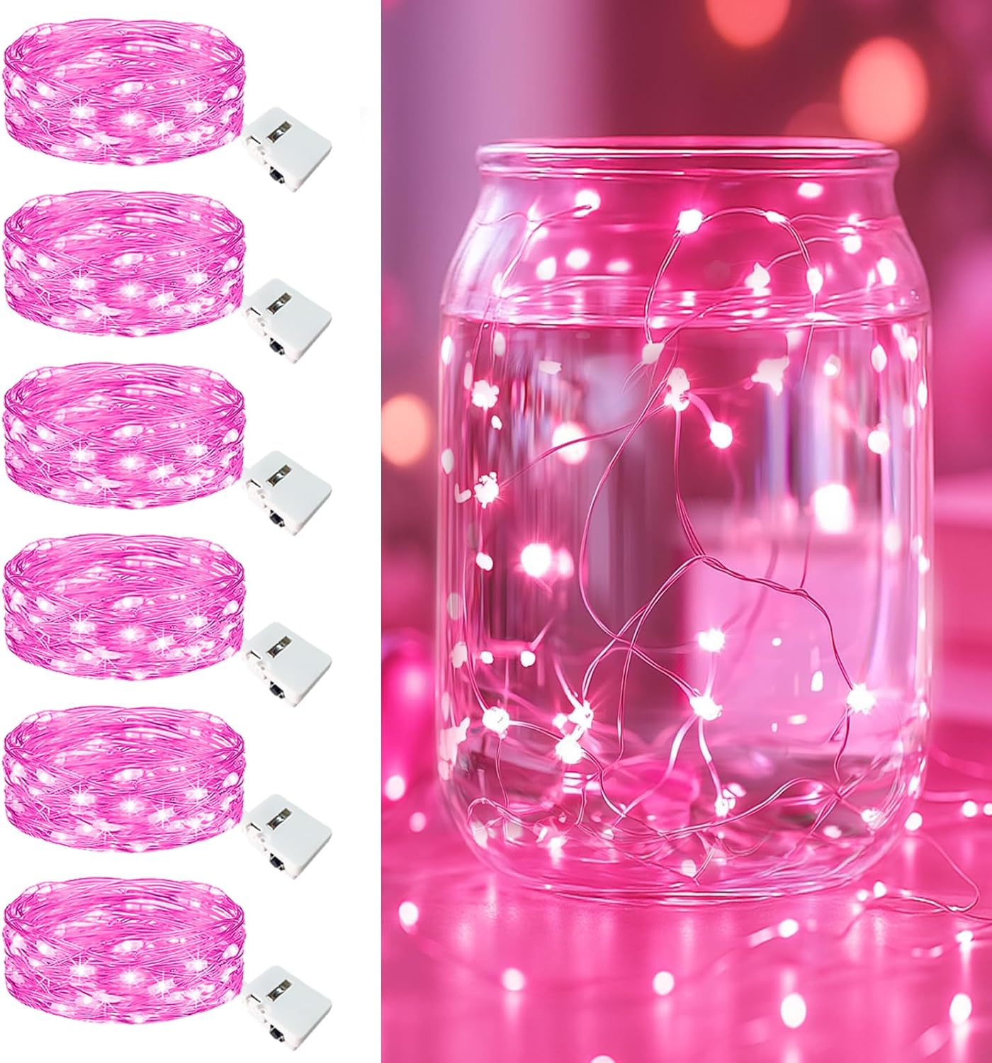 6 Pack Fairy Lights Battery Operated - 7ft 20 Led Twinkle Lights 3 Modes, Bulk Mini String Lights Waterproof for Mason Jars Vases DIY Party Wedding Decoration Christmas - Pink