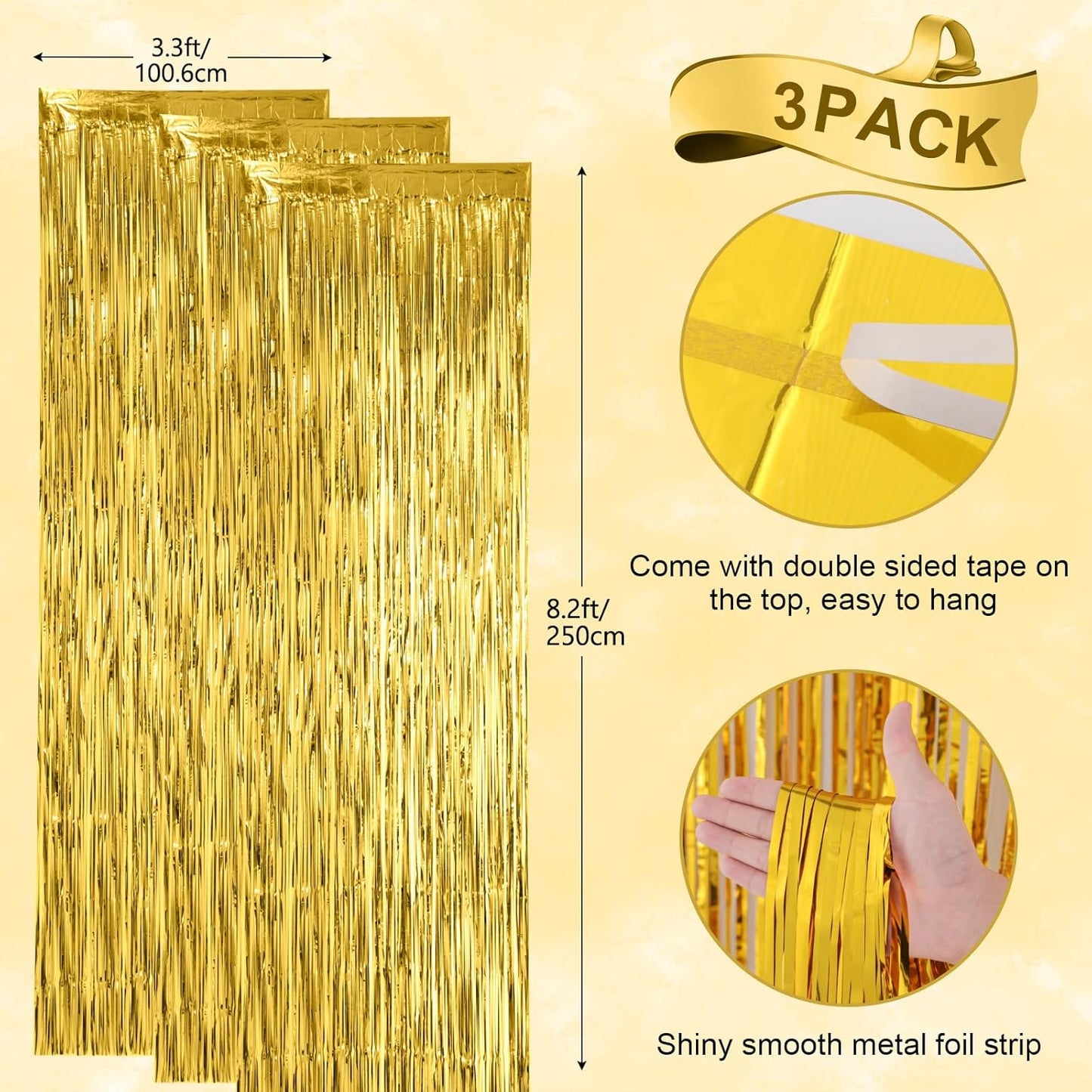 3 Pack 3.3x8.2 Feet Gold Foil Fringe Backdrop Curtains, Tinsel Streamers, Fringe Backdrop for 2025 New Years Eve, Graduation, Birthday, Baby Shower, Gender Reveal, Disco Party