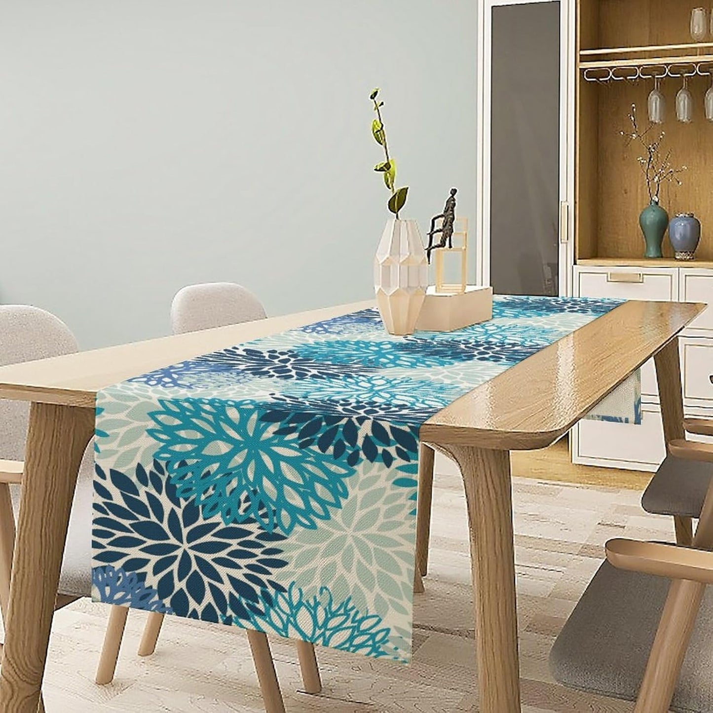 Floral Table Runner,Blue Flowers Print Spring Summer Table Cloth Kitchen Dining Table Home Party Decoration 13x60 Inch