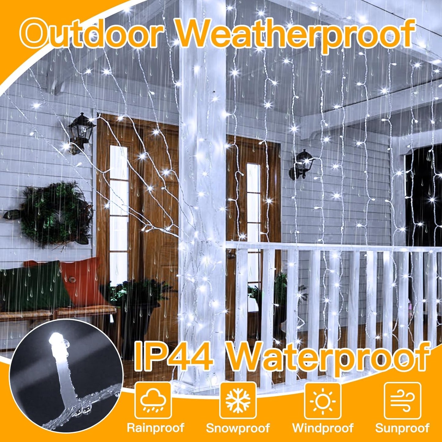 Ollny 300 LED 9.8ftx9.8ft Outdoor Waterproof Christmas Curtain Lights with Remote Timer 8 Modes, USB Powered, Cool White