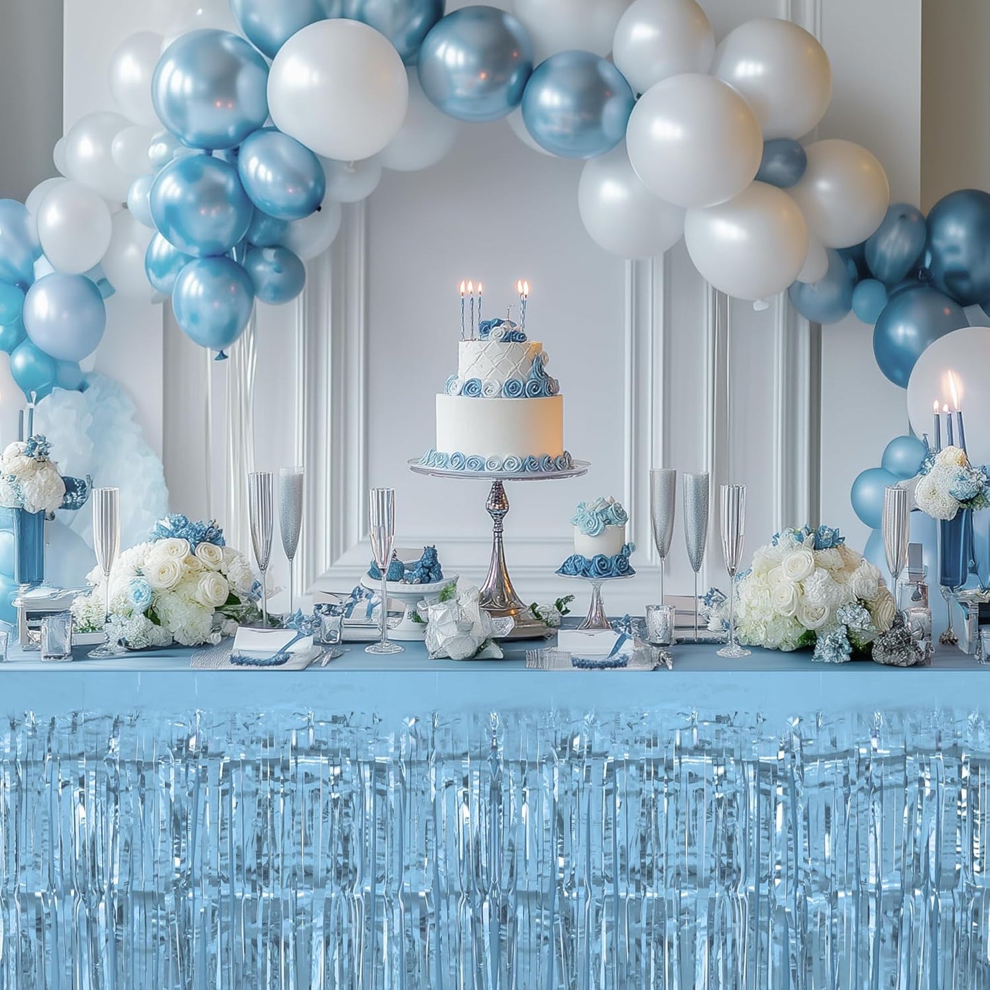 2 Pack Light Blue Table Skirts, 29x108" Metallic Foil Tinsel Fringe Table Skirts for Rectangle Tables Streamer Curtains Backdrop, Party Decorations for Birthdays Weddings Holidays