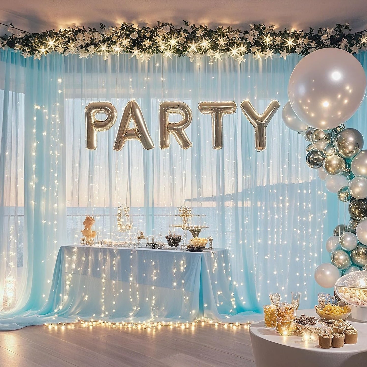 10×10ft Tulle Backdrop Curtains with Lights String - 300LED Fairy Lights Sheer Curtain Backdrop for Weddings Baby Shower and Birthday Party Decorations(8 Panels 5×10ft)
