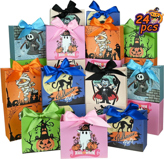 24PCS Halloween Goodies Bags, Trick or Treat Candy Gift Paper Bags Bulk with Ribbons, Halloween Treat Boxes for Kid, Party Favor, Classroom Exchange, Home Decoration 4.5 x 3.9 x 1.7 Inches