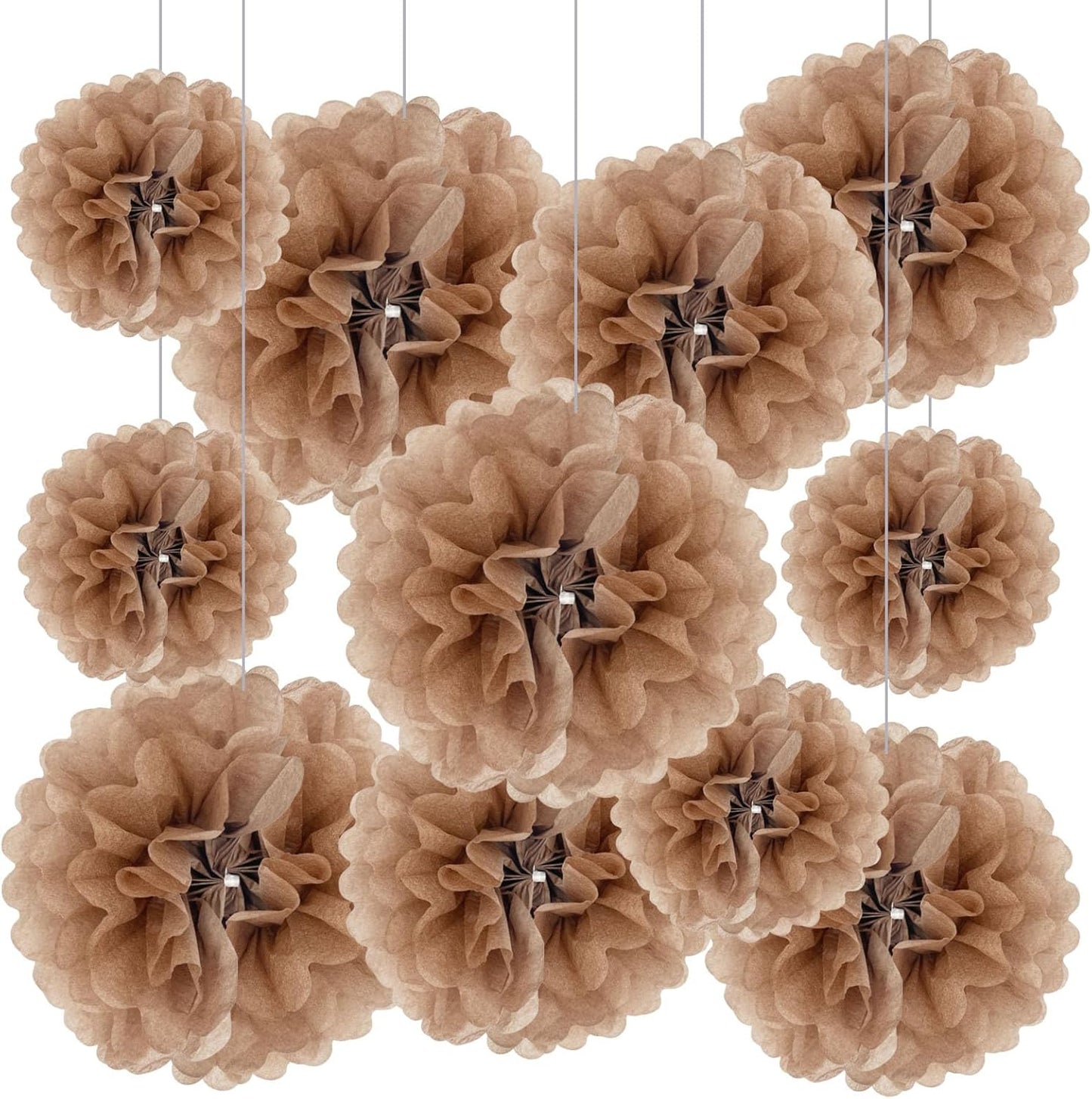 Tissue Paper Pom Poms, Brown Tissue Paper Flowers, Hanging Flower Balls for Weddings Fiesta Parties Birthday Baby Showers Classroom Bridal Shower Decoration (20Piece Set-6/10/12/14Inch)