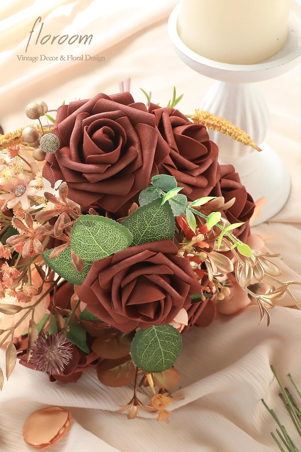 Floroom Artificial Flowers 25pcs Real Looking Terracotta Foam Fake Roses with Stems for DIY Wedding Bouquets Bridal Shower Centerpieces Floral Arrangements Party Tables Home Decorations