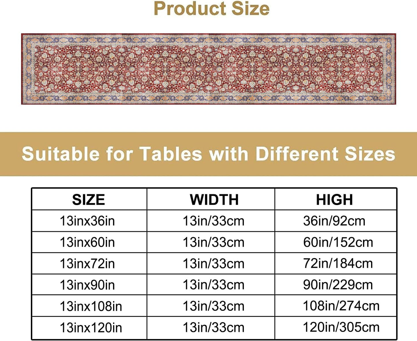 Boho Bohemia Style Table Runner, Vintage Red Blue Retro Flower Rustic Country Style Floral Print Pattern for Home Kitchen Table Decor Dining Coffee Room Garden Party Decor 13x36in