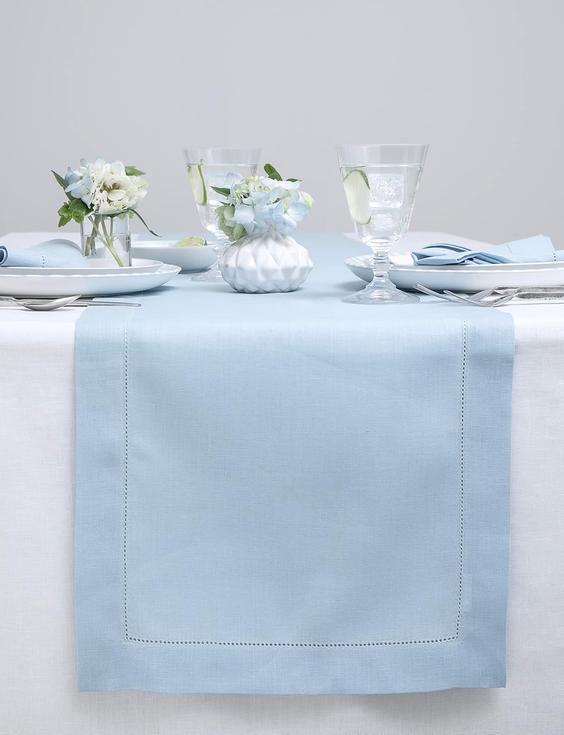 Solino Home Linen Sky Blue Table Runner 132 Inches Long - 100% Pure Linen Extra Long Table Runner 14 x 132 Inch for Christmas - Classic Hemstitch