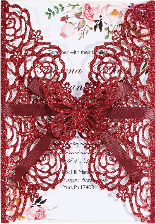 50pcs Burgundy Glitter Wedding Invitation Butterfly Rose Laser Cut Invitation Sleeve with Personalized Invitations Card, White Envelopes, for Wedding Bridal Shower Engagement (Default Blank Card)