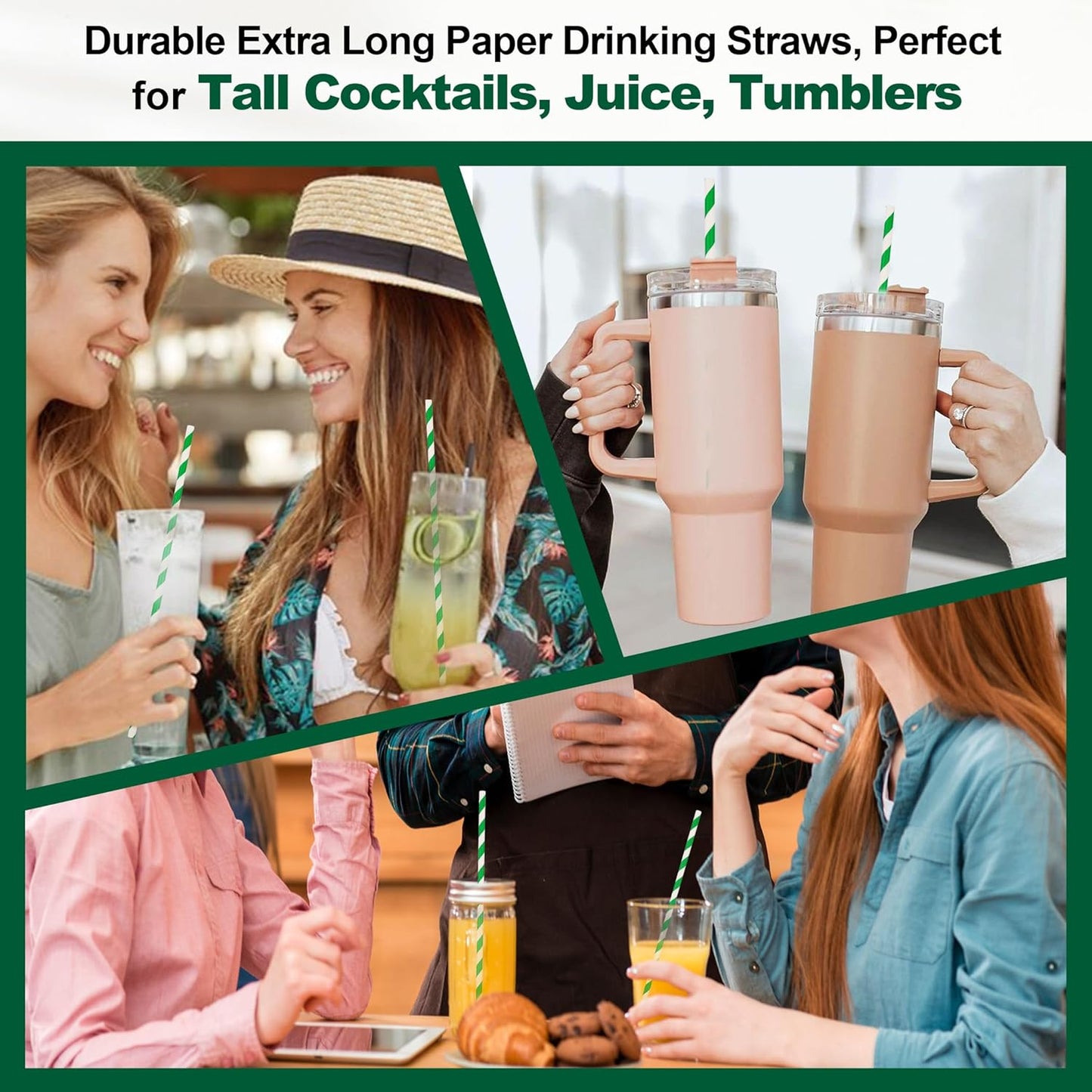 Eco-friendly 10.25 Inch Long Disposable Paper Drinking Straws 6mm Wide [100 Pack] - Green/White Striped