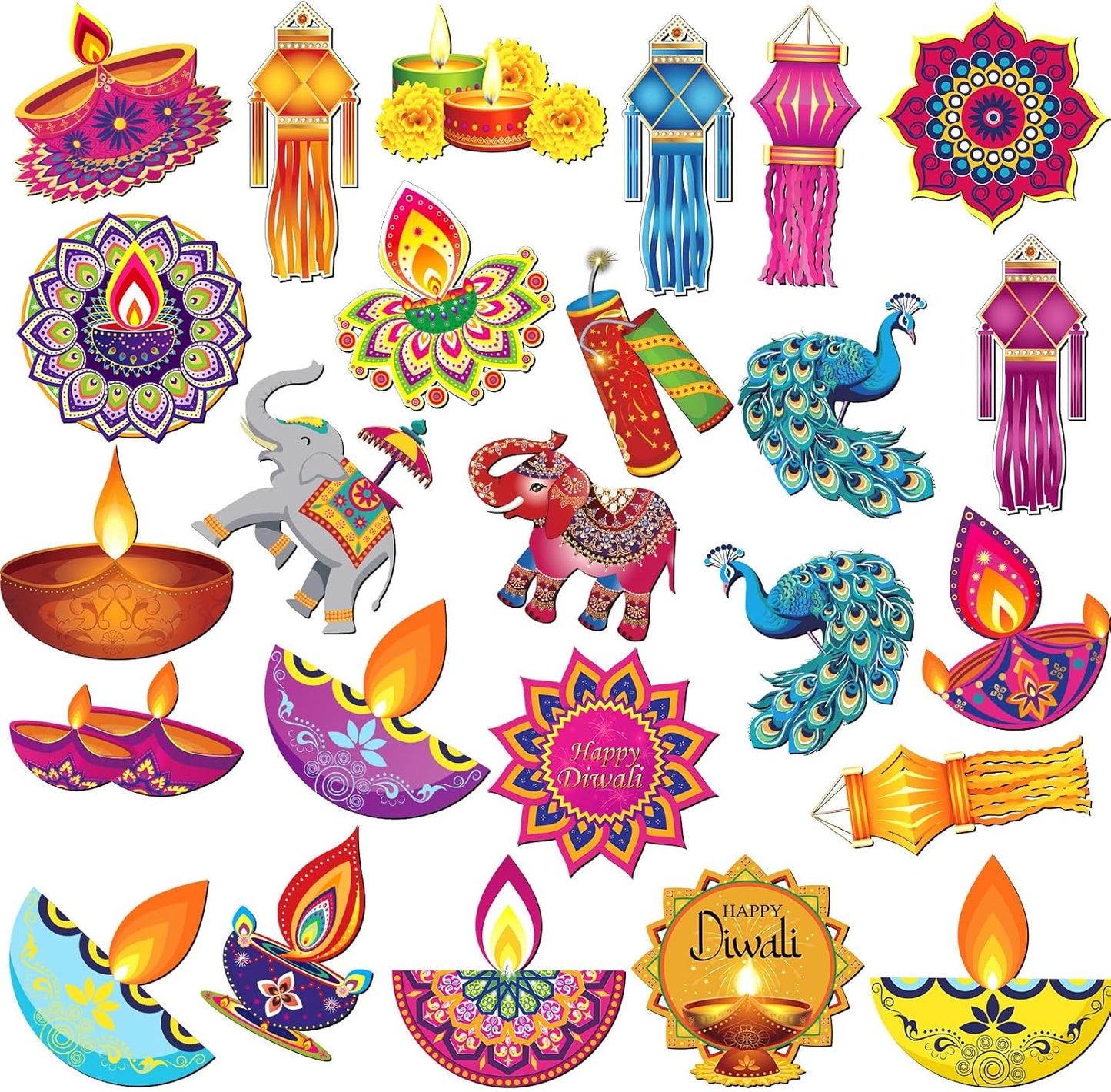 Xuhal 25 Pcs Happy Diwali Magnets Decoration Colorful Elephants Lanterns Oil Lamps Peacock Decorative Fridge Magnetic Stickers for Mailbox Car Metal Garage Door Decoration