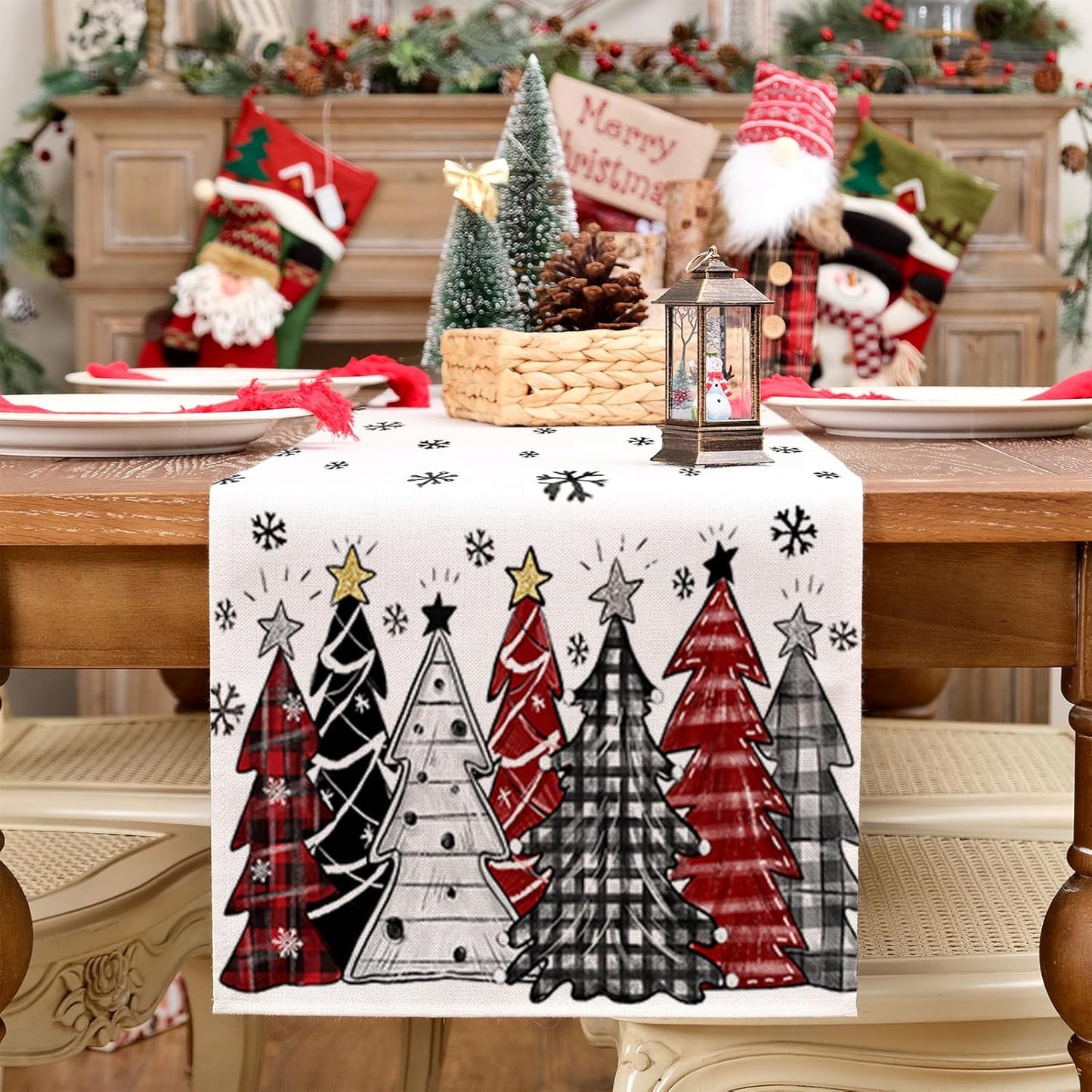 GEEORY Christmas Table Runner 13x108 Inch, Xmas Tees Snowflakes Holiday Decorative Farmhouse Table Decoration for Kitchen Dinning, Indoor Outdoor Dinner Party Decor ((Red & Black) GT165-108