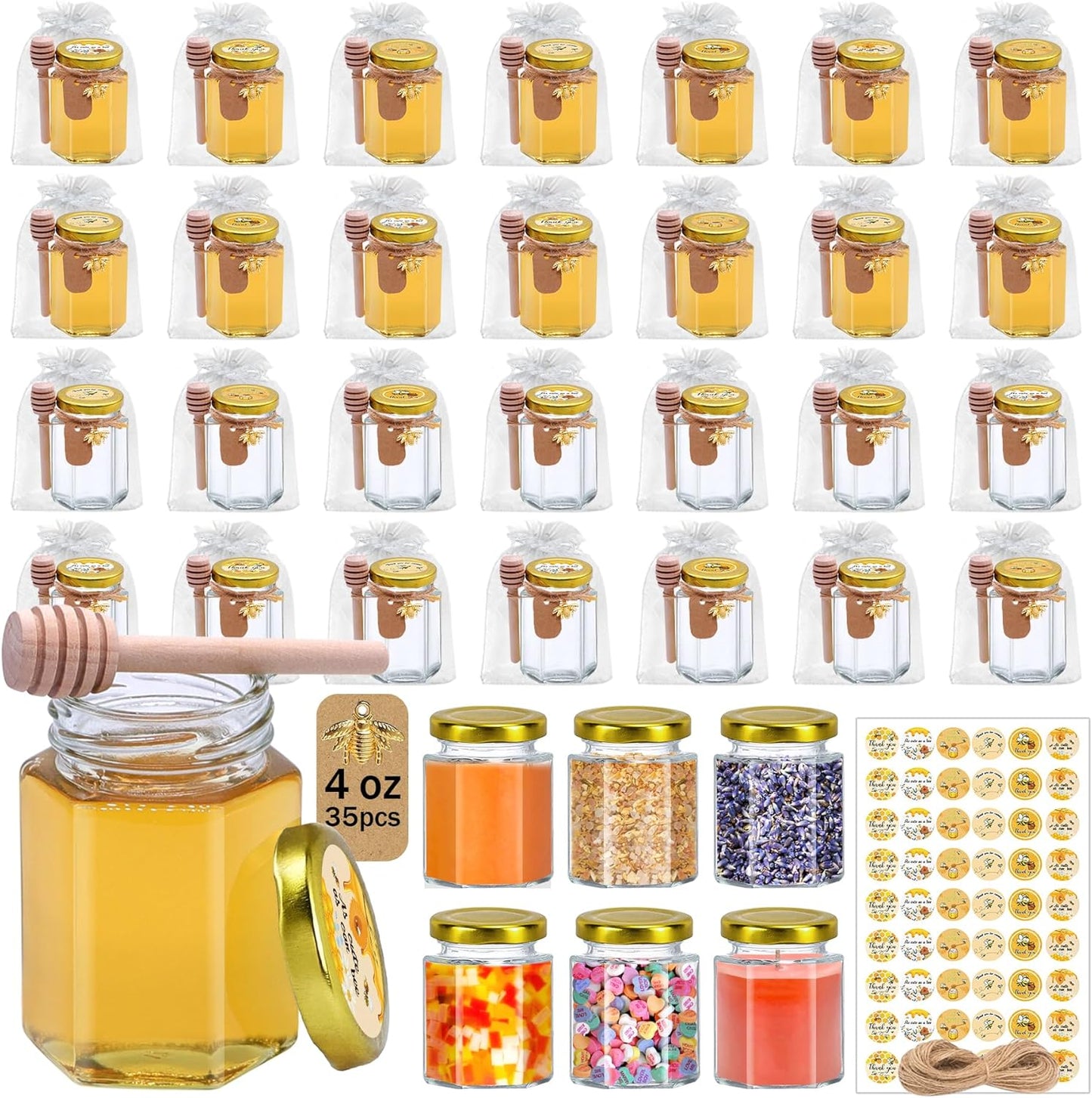 Aliggbent 35 Pack Small Honey Jars for Party Favors in Bulk, 4 oz Mini Hexagon Glass Honey Jars with Dippers, Lids, Cute Stickers, Bee Charms, Gift Bags & Jute for Baby Showers, Weddings, Birthdays