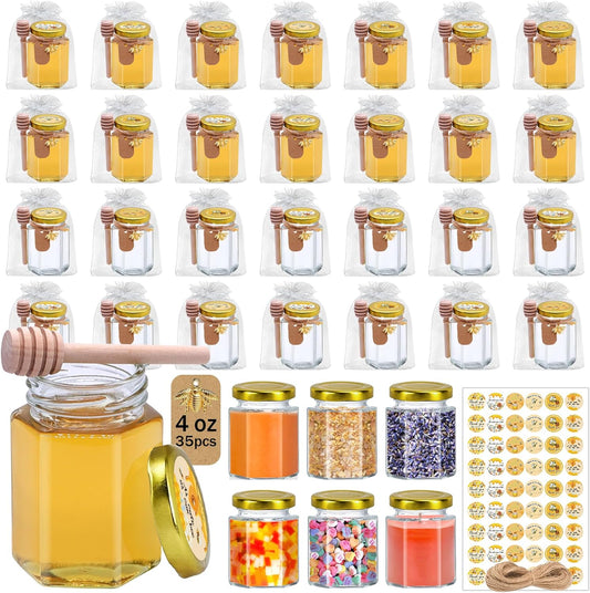 Aliggbent 35 Pack Small Honey Jars for Party Favors in Bulk, 4 oz Mini Hexagon Glass Honey Jars with Dippers, Lids, Cute Stickers, Bee Charms, Gift Bags & Jute for Baby Showers, Weddings, Birthdays
