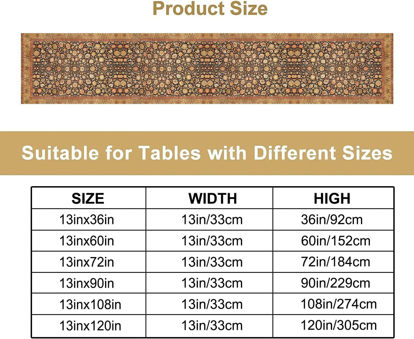 Vintage Boho Floral Table Runner, Rustic Country Farmhouse Orange Yellow Black Retro Flower Pattern for Home Kitchen Table Decor Dining Coffee Room Party Decor 13x90in