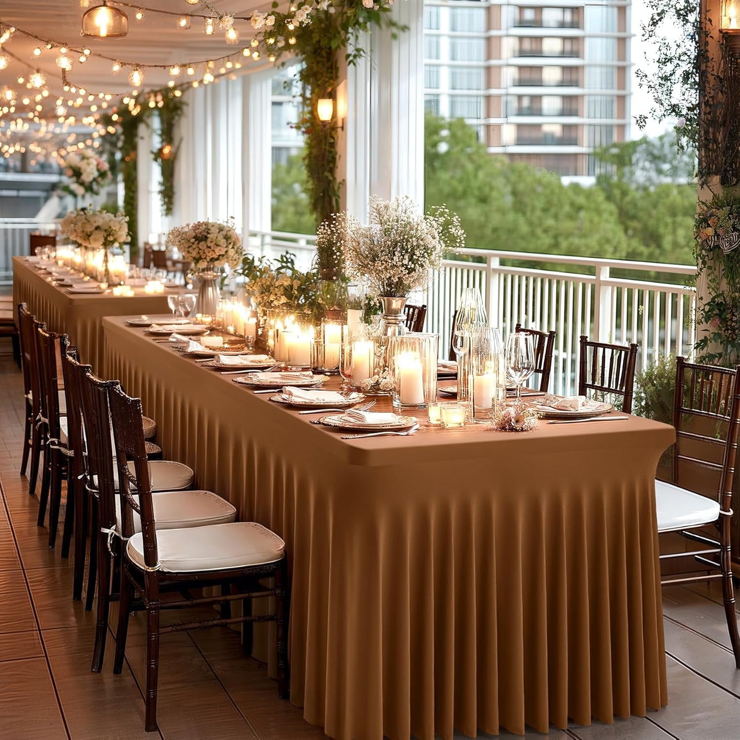 Wish Care 6 Pack Brown Spandex Table Clothes for 6 Foot Rectangle Tables, 6FT Wrinkle Free Fitted Tablecloths Ruffles Design Table Cover for Party, Banquet, Wedding and Events