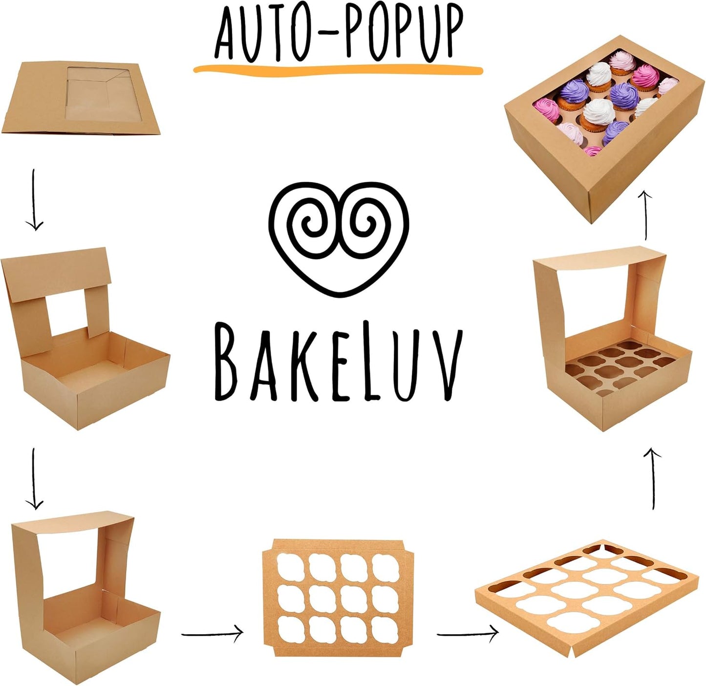 BAKELUV Brown 12 Cupcake Boxes, Cupcake Containers | 13x9.5x4, 50 Pack