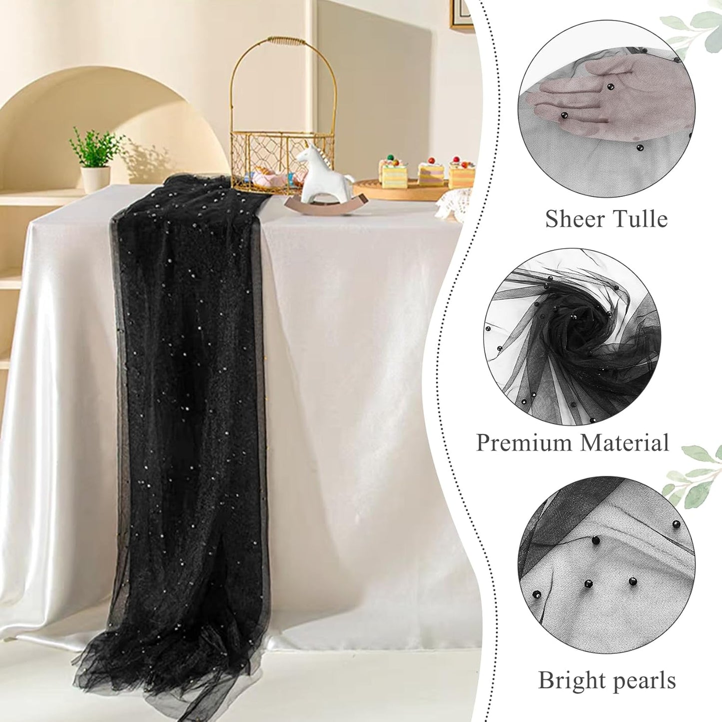 Pearl Table Runner 29 x 120 Inch Tulle Fabric Lace Table Runners Boho Rustic Tablecloth for Bridal Shower Birthday Party Wedding Arch Aisle Veil Dessert Table Decor(1 Pack, Black)