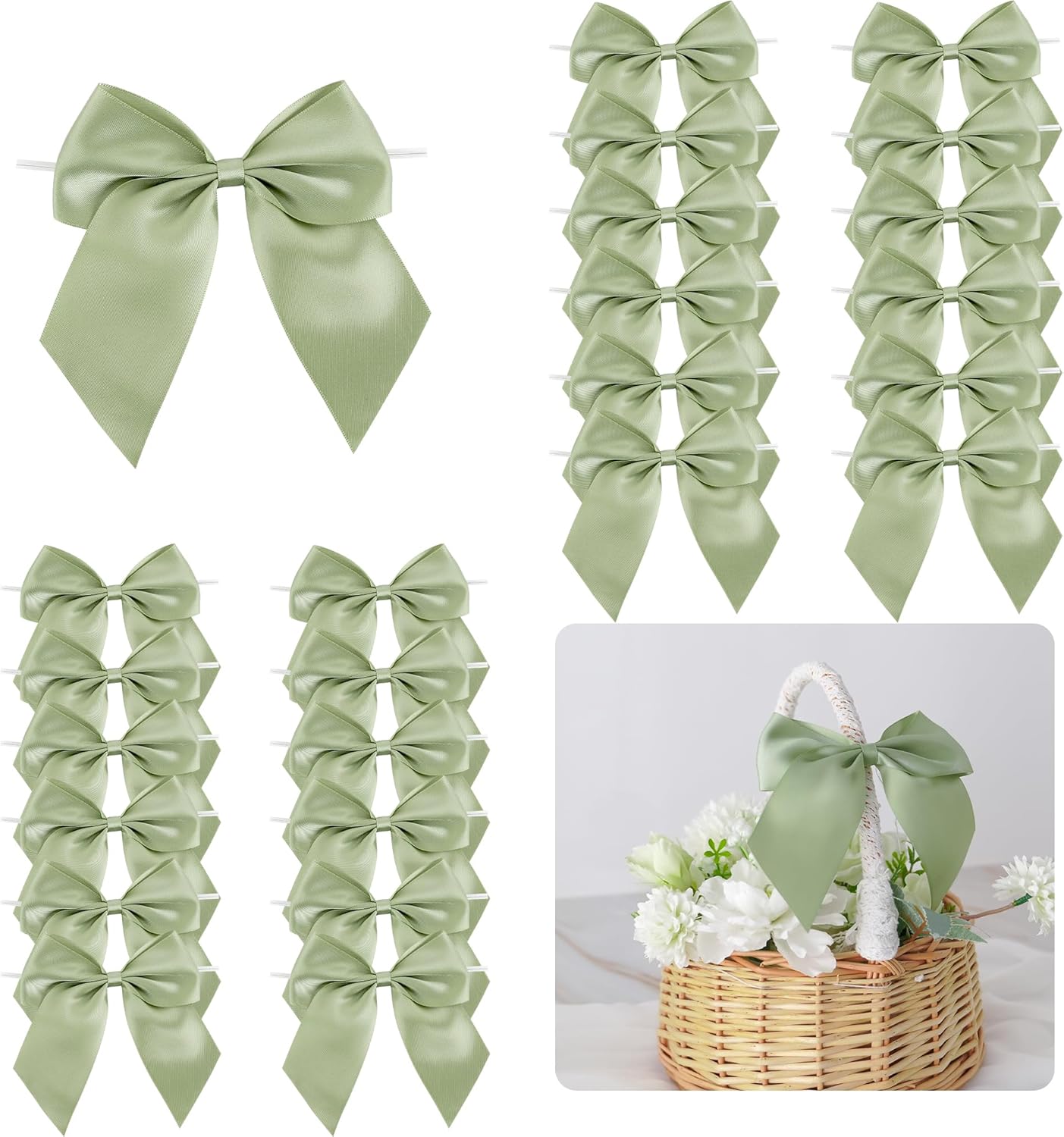 5'' Sage Green Bow Party Decorations Satin Bows, Twist Tie Bows for Treat Bags, Cake Pops, Pre-tied Bow Premade Ribbon Bows for Crafts, Holiday Bows for Gift Wrapping, Wedding Decor-24 Counts