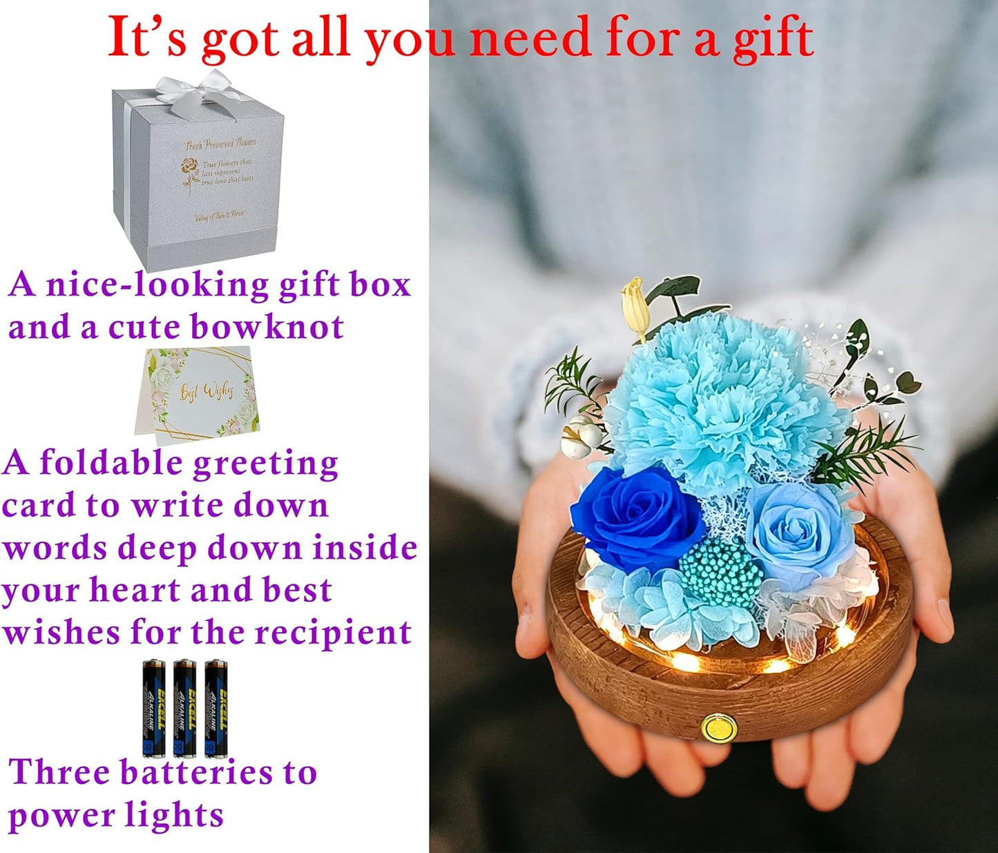 Valley of Rain & Forest Long-Lasting Real Flowers, Unique Floral Gift for You to Send Love for All Occasions, for Indoor Decoration (Light Blue Carnation, Blue Rose, Light Blue Rose)