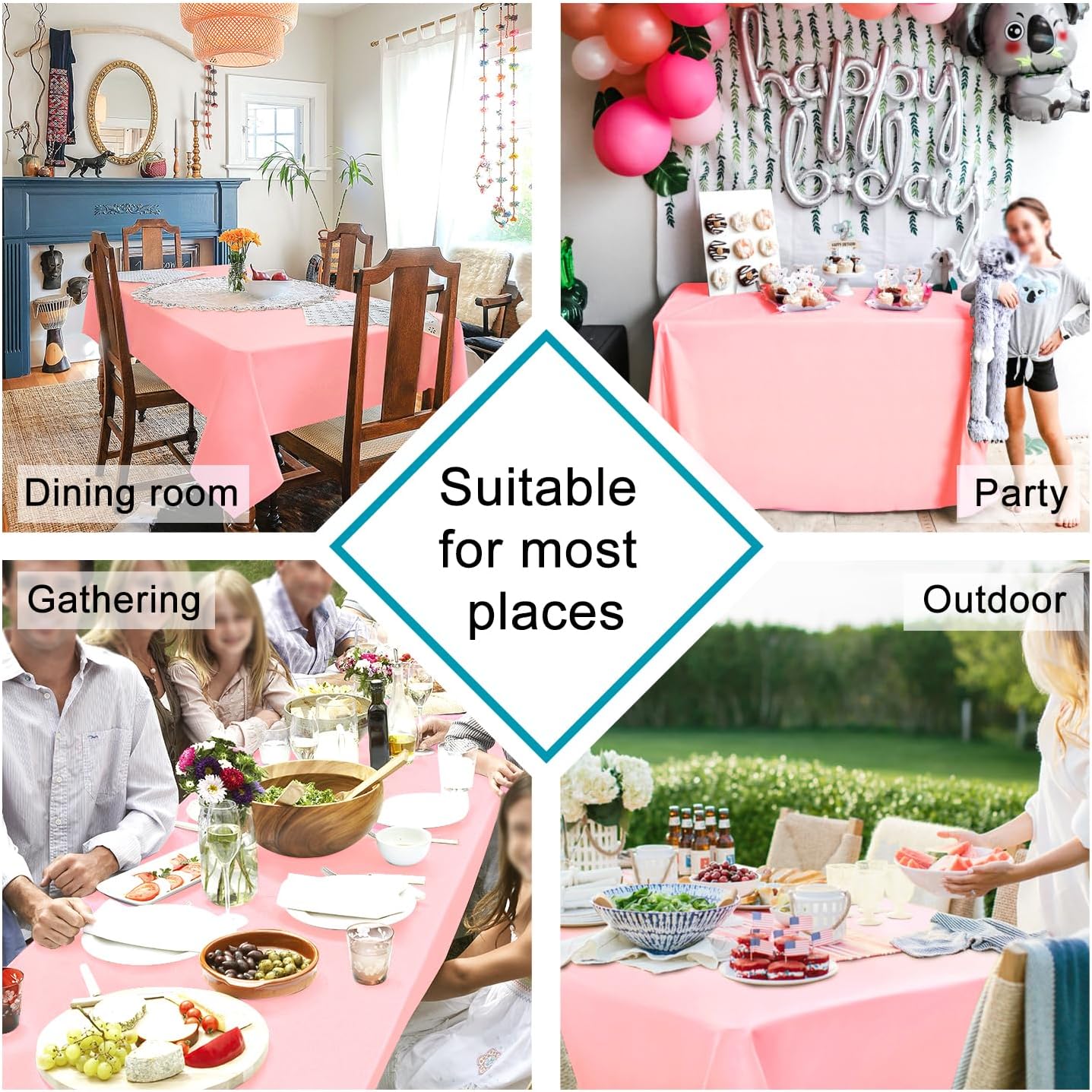 Hiasan Rectangle Tablecloth Rose Pink - Wrinkle Resistant and Waterproof Washable Polyester Fabric Table Cloth for Dining Party and Outdoor Use, 60 x 140 Inch