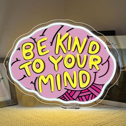 Lucunstar Be Kind To Your Mind Neon Sign Brain Neon Signs Dimmable Led For Wall Decor Be kind Lights For Classroom Home Bedroom Office USB Powered 16.06x12.09in