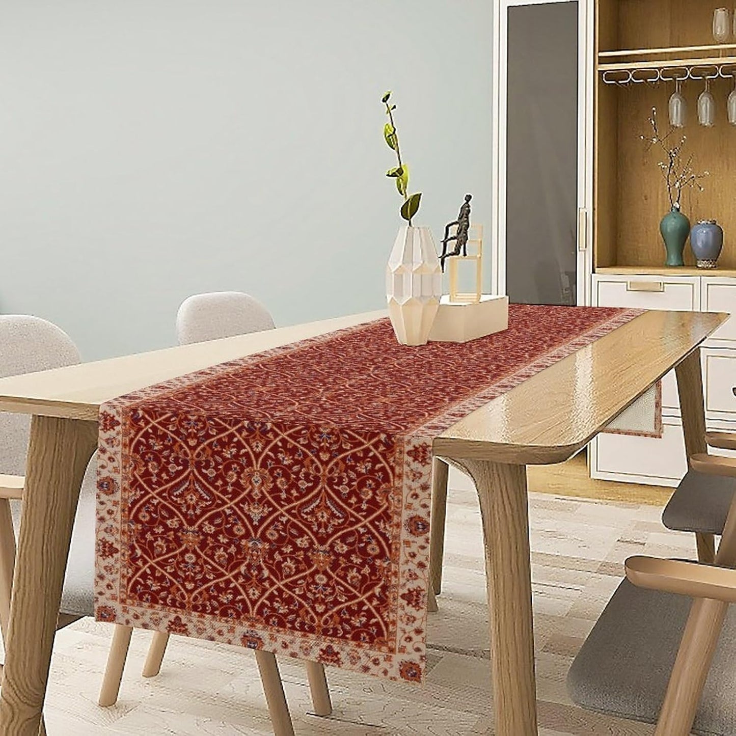 Boho Floral Vintage Table Runner, Red Retro Flower Rustic Country Farmhouse Abstract Pattern for Home Kitchen Table Decor Dining Coffee Room Party Decor 13x60in