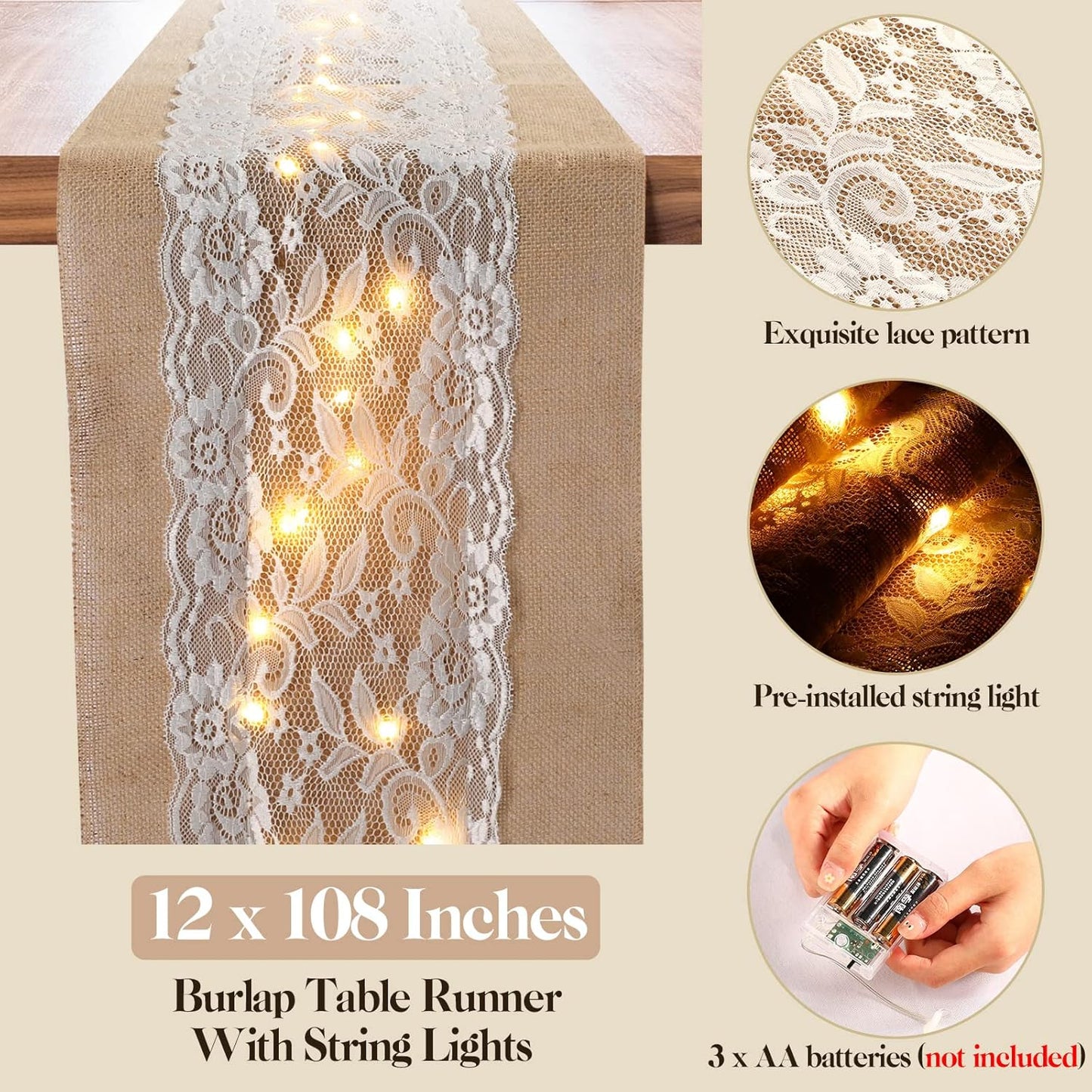 Tudomro 12 Pcs Burlap Table Runner with LED String Lights 12 x 108 Inches Rustic Jute Lace Table Runners Farmhouse Jute Linen Decoration Wedding Decor for Holiday Party Wedding Decorations
