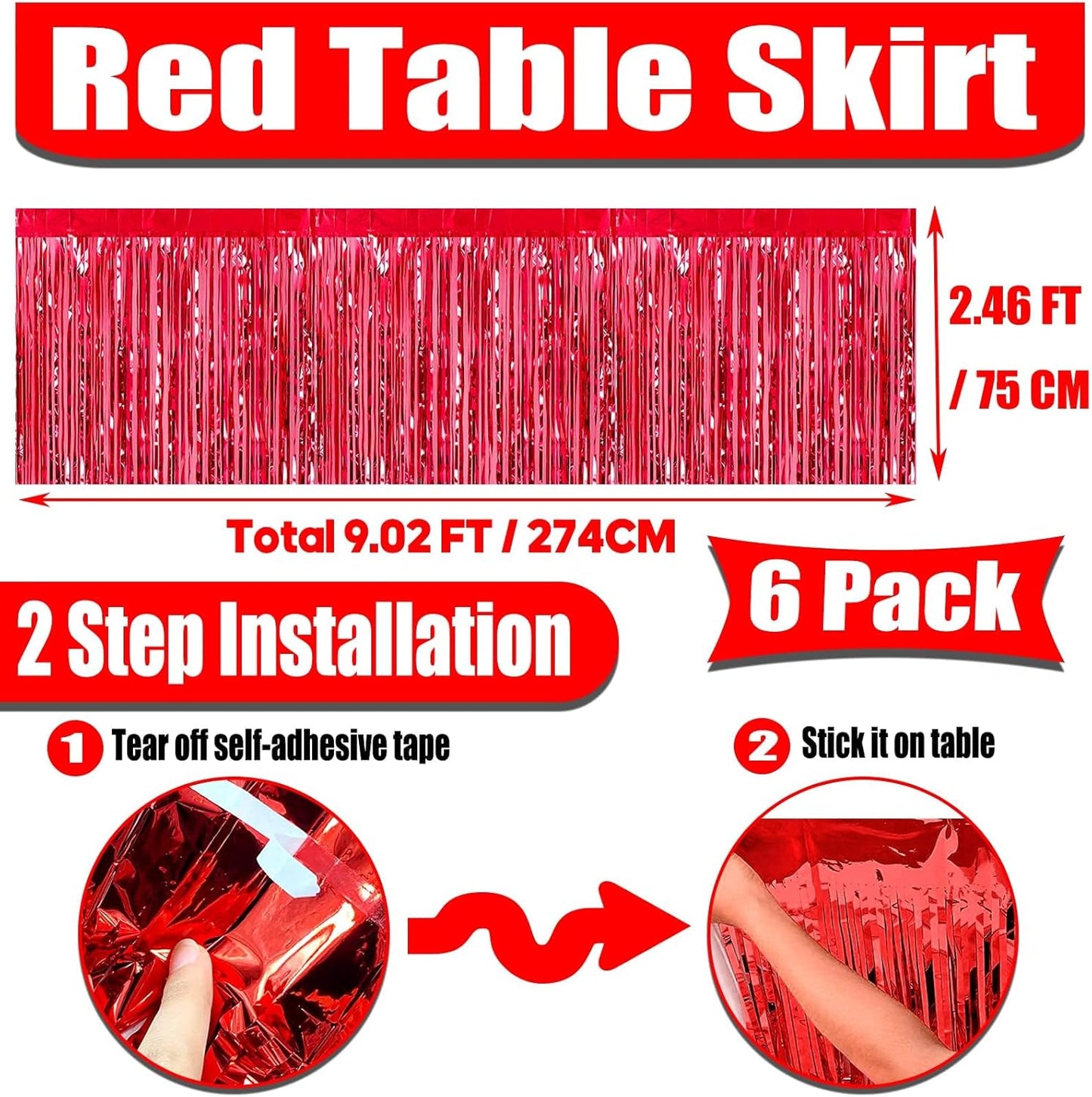 6 Pack 29x108 Inch Metallic Foil Fringe Tinsel Table Skirts Banner for Rectangle Tables Streamer Garland Curtains Backdrop for Wedding, Birthday, Parade Floats, Christmas Party Decoration(Red)