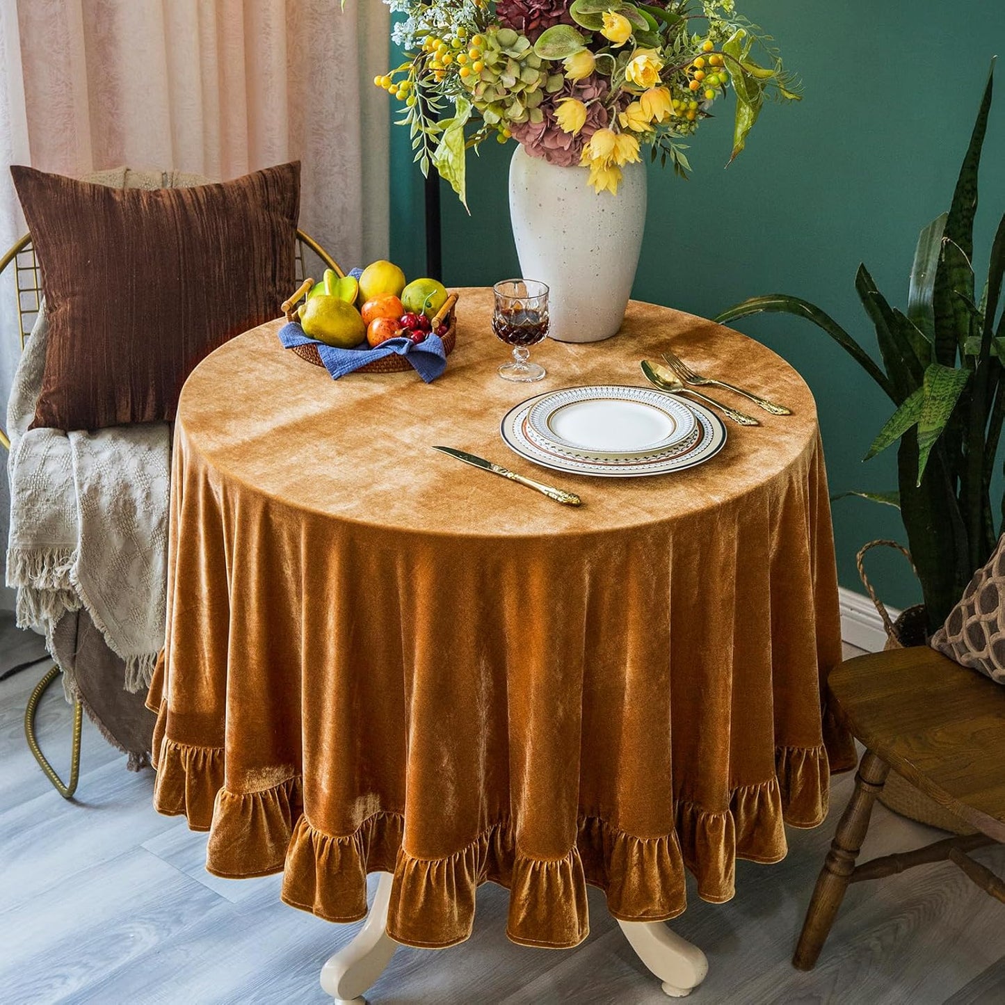 Velvet Tablecloth Luxurious Solid Round Table Cloth,Oblong Retro Farmhouse Ruffle Tablecloths Washable Table Cover for Party Wedding Baby Shower Kitchen Dinning Tabletop Decoration